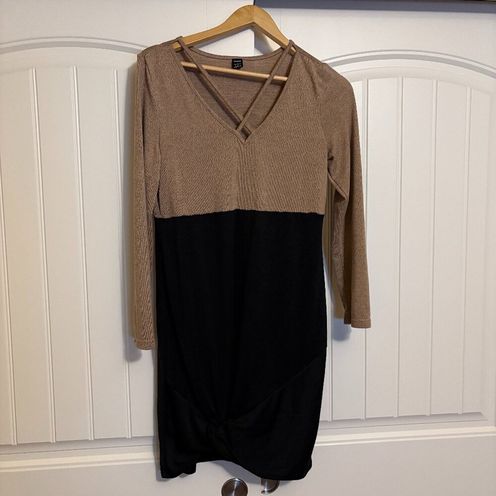 Shein Colorblock Dress Small Black Brown V Neck Long Sleeve Gathered Skirt Midi